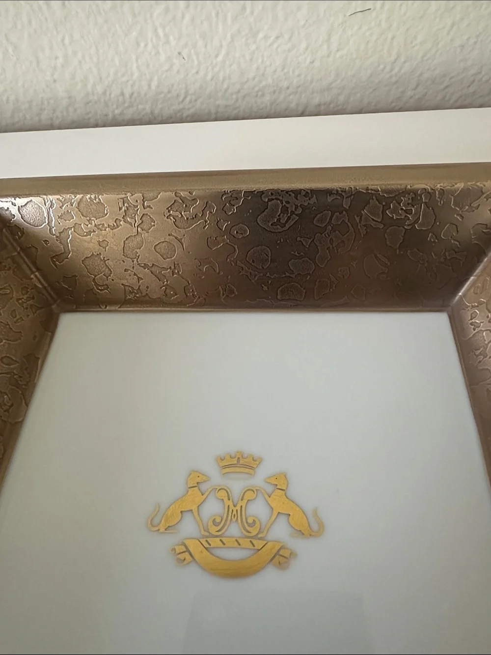 JL Coquet French Luxury White Porcelain and Gold Glaze Rim Vanity Crest Tray